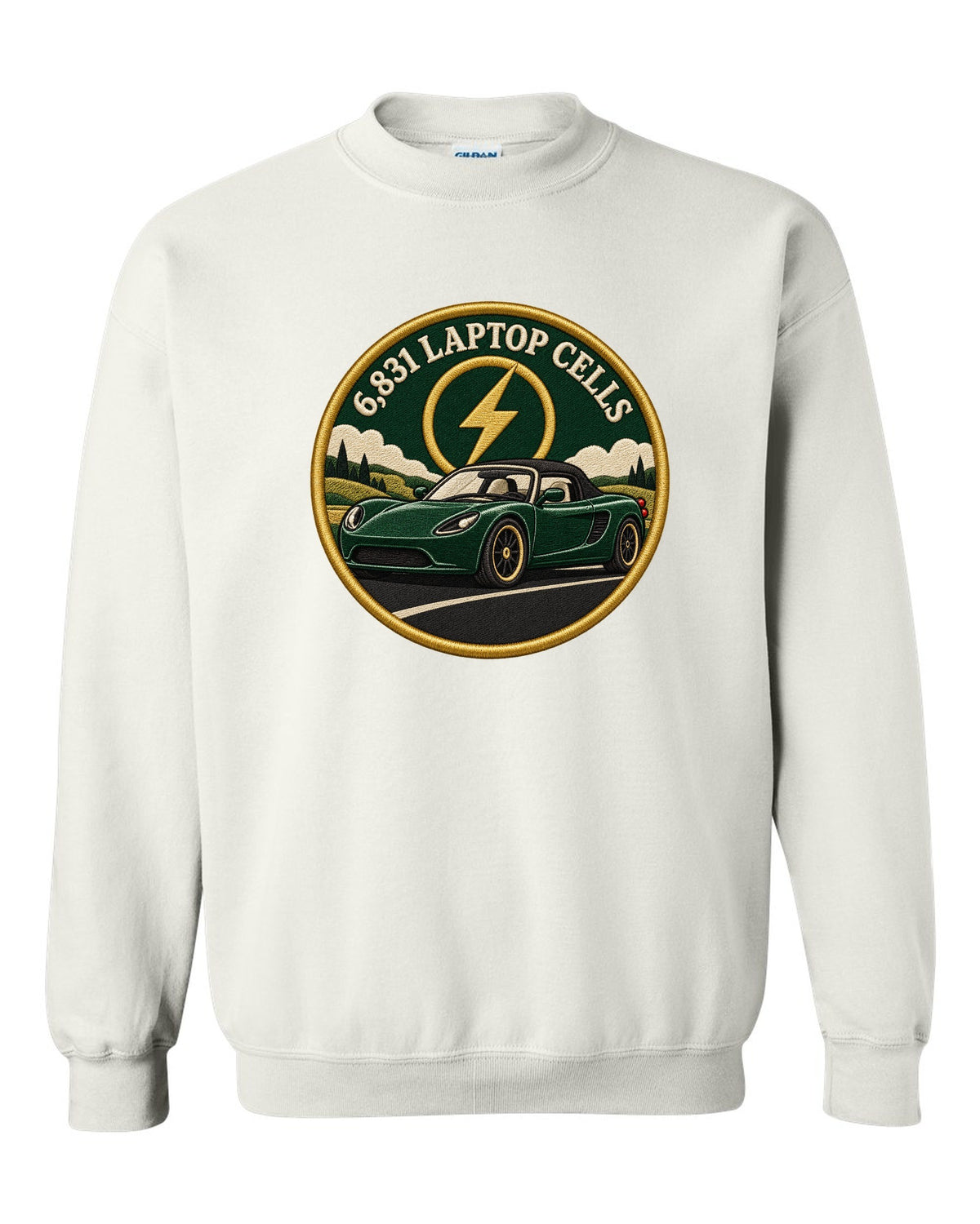 Round crest print of a Tesla Roadster Gen 1 reading 6,831 Laptop Cells white crewneck front view with the design