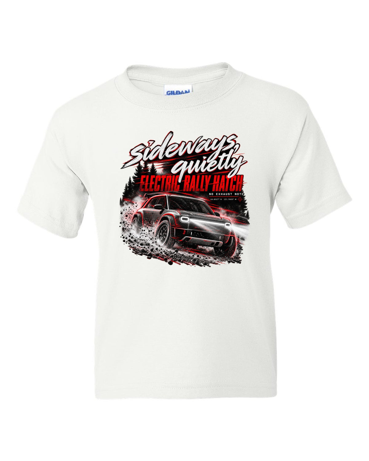 Rivian R3X 2027 sliding on a night touge with the text sideways quietly, electric rally ch white kids tee front view with the design