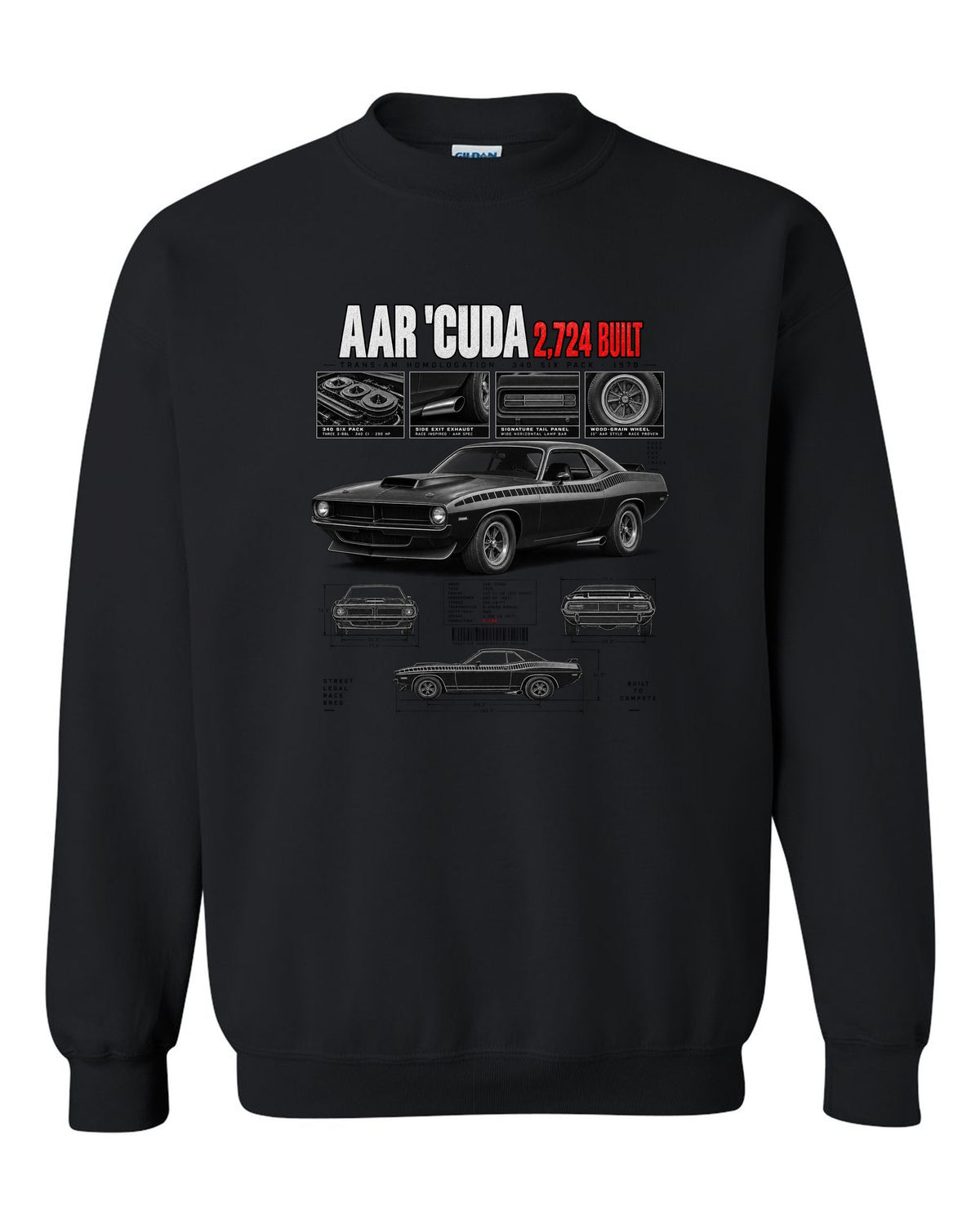 1970 Plymouth AAR Cuda E-body Dossier, 2,724 Built Tee black crewneck front view with the design