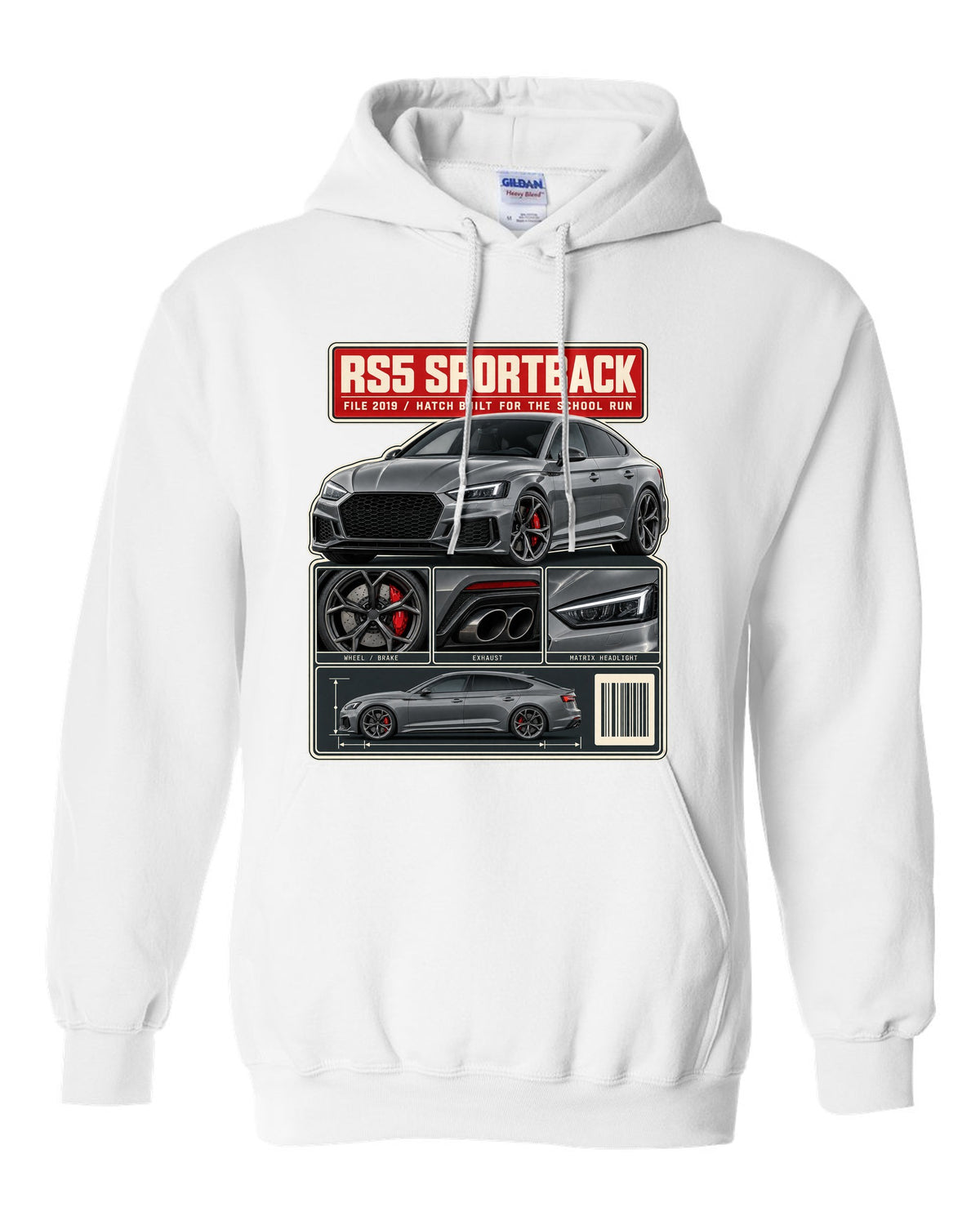 Audi RS5 Sportback B9 dossier panel print design white pull over hoodie front view with the design