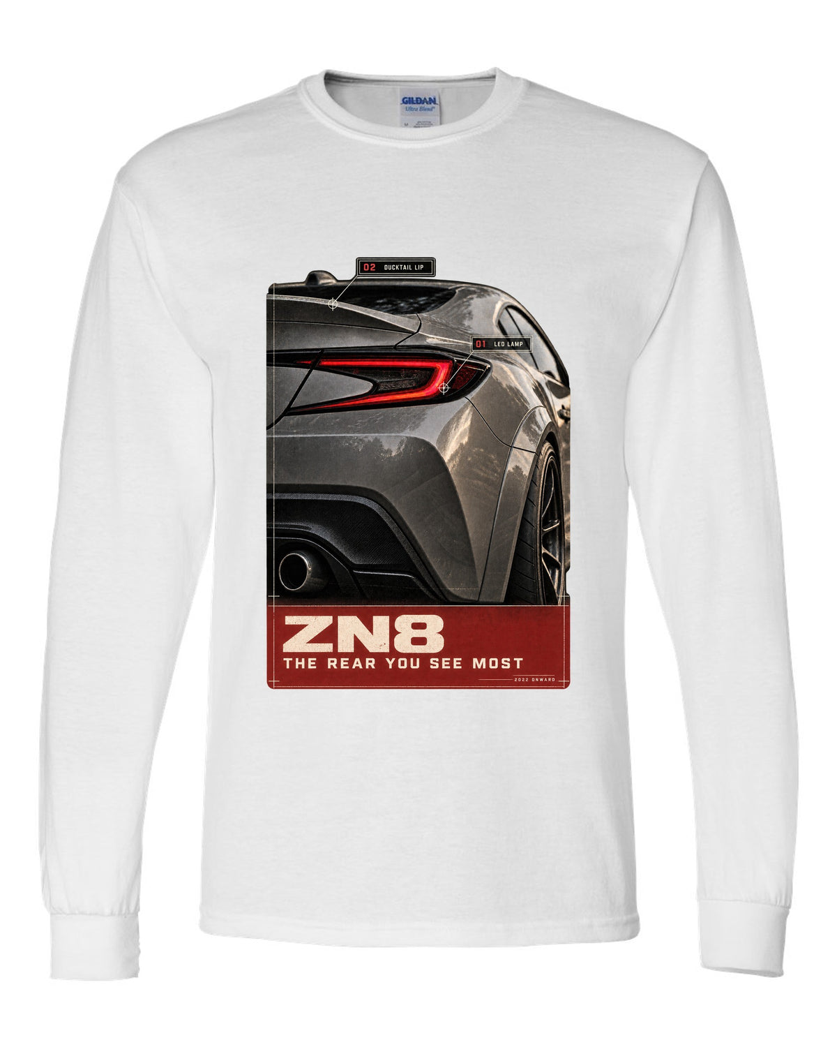 Macro poster-style print of the rear lamp on a Toyota GR86 ZN8 white long sleeve front view with the design