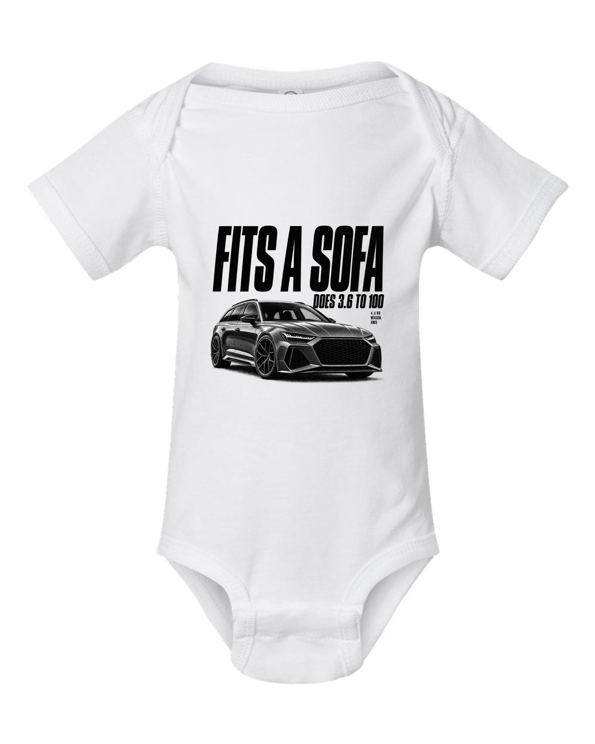 Halftone print of an Audi RS6 Avant C8 front three-quarter with Fits A Sofa caption white baby onesie front view with the design