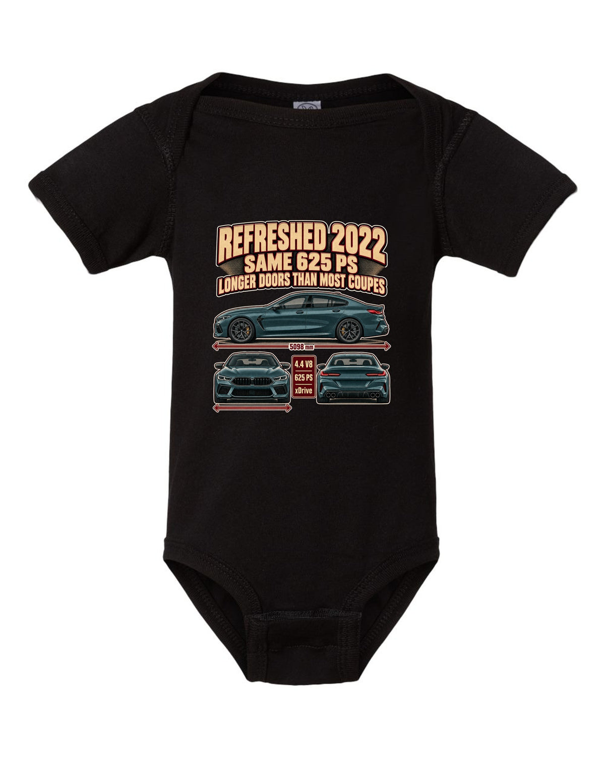 BMW M8 Competition Gran Coupe F93 2022 three-view print on a tee black baby onesie front view with the design
