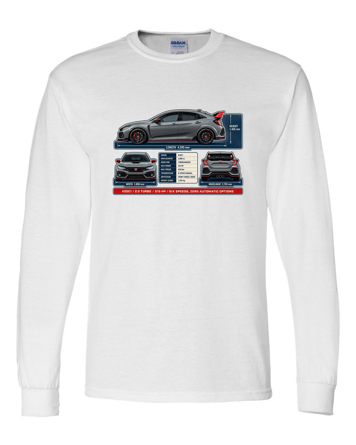 print dimension blueprint of a Honda Civic Type R FL5 in warm grey white long sleeve front view with the design