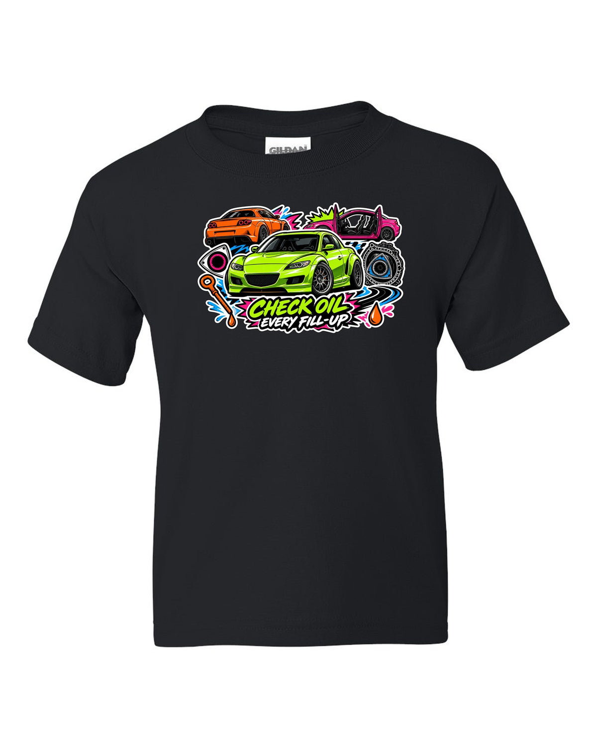 Retro synthwave sunset grid design for the Mazda RX-8 Renesis with 15 MPG ON A GOOD DAY lettering black kids tee front view with the design
