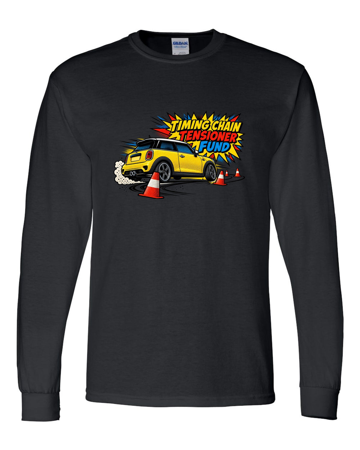 Comic halftone print of a Mini Cooper S R56 in a cone slalom with timing chain tensioner fund text black long sleeve front view with the design
