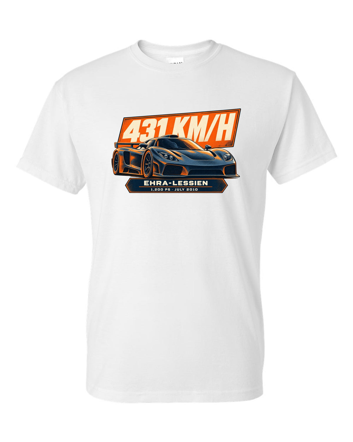 Halftone poster-style Bugatti Veyron 16.4 Super Sport with record-run text on the front of a tee white t-shirt front view with the design
