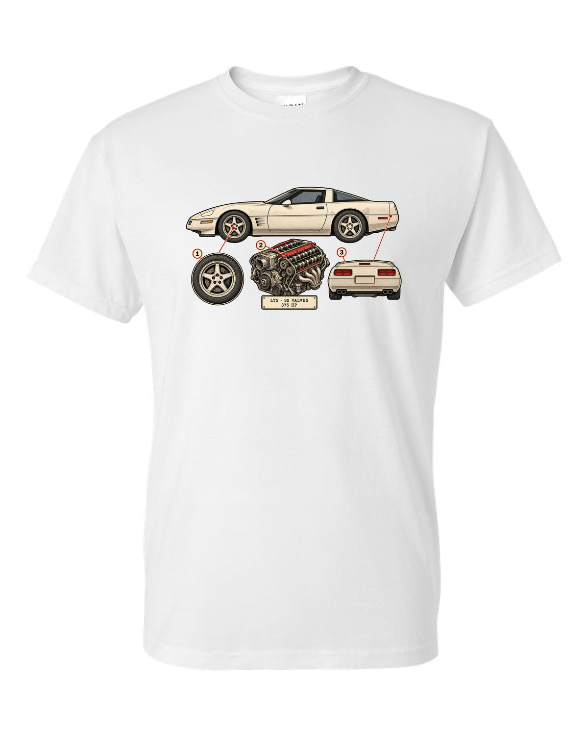 Neon HUD wireframe print of a 1997 Chevrolet Corvette C5 coupe with LT5 32 valves 375 HP lettering white t-shirt front view with the design