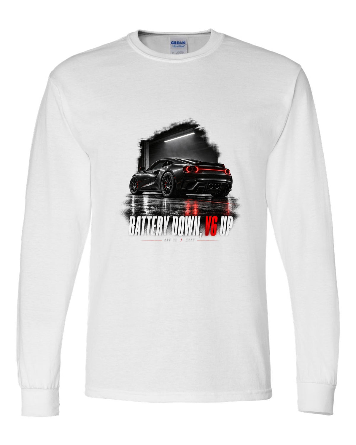 Garage night print of a Ferrari 296 GTB with the text Battery Down, V6 Up, 663 PS, 2022 white long sleeve front view with the design