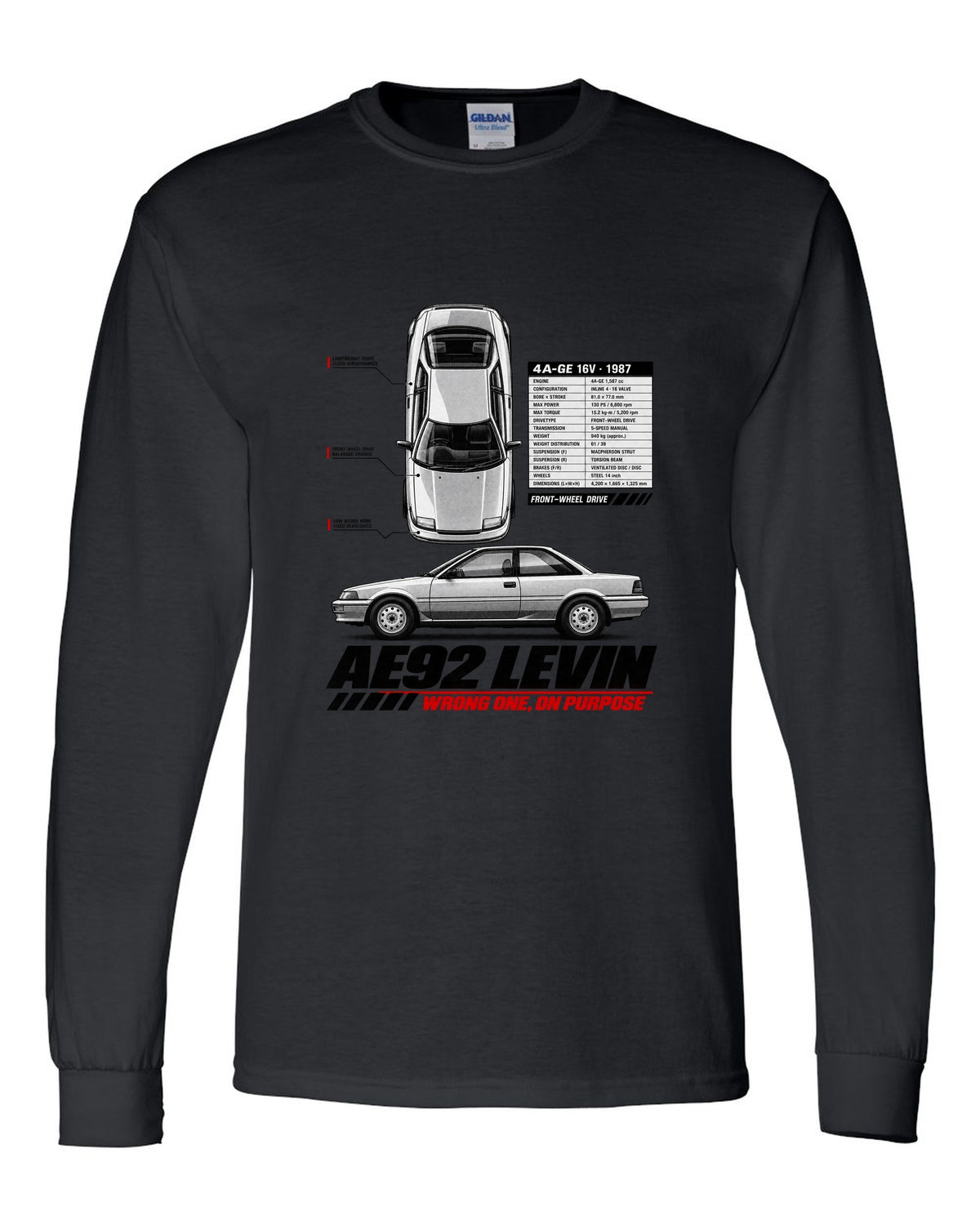 Spec poster print of a Toyota Corolla Levin AE92 with 4A-GE 16V and front-wheel drive text black long sleeve front view with the design