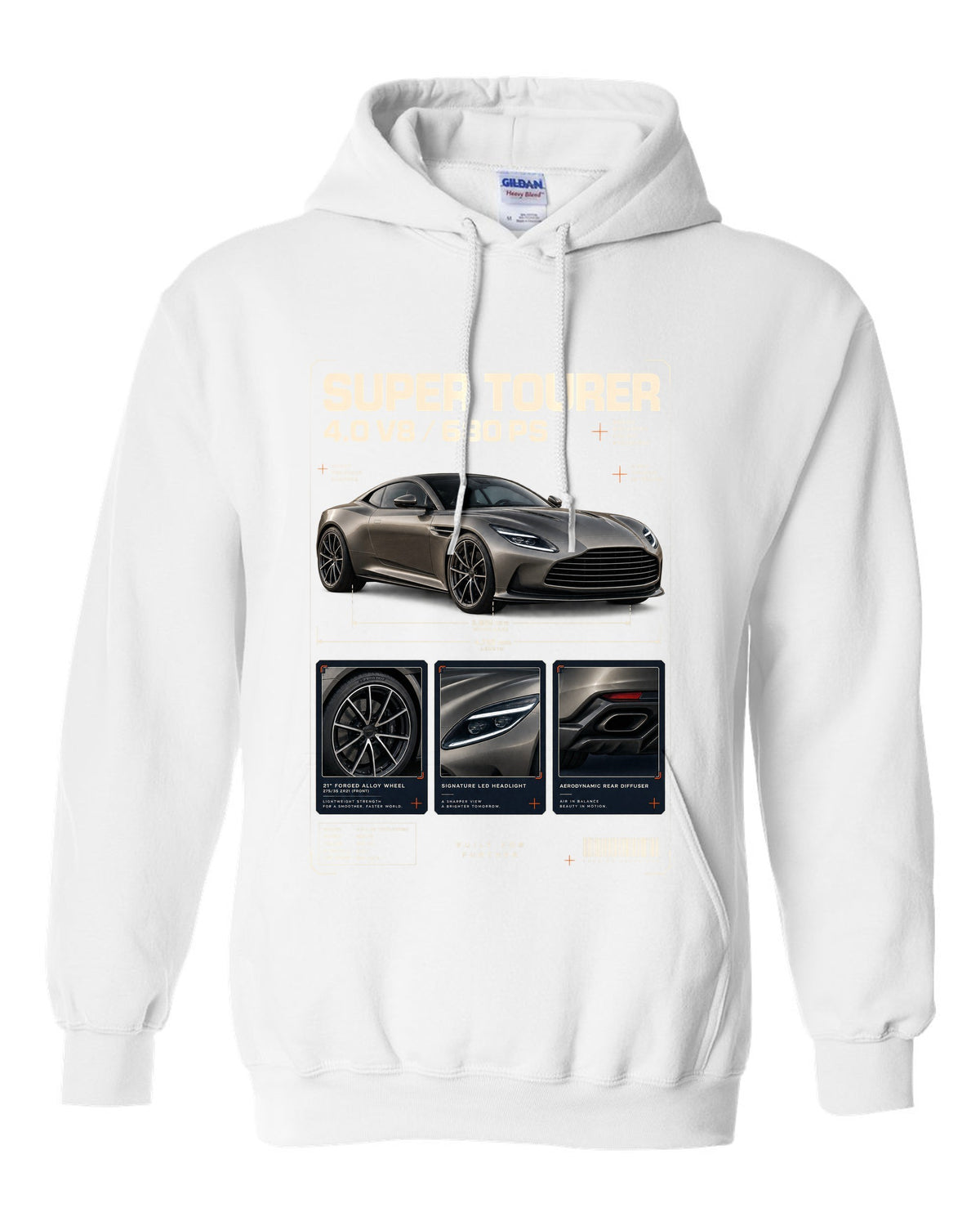 Aston Martin DB12 2023 dossier panels print with super tourer 4.0 V8 680 PS text white pull over hoodie front view with the design