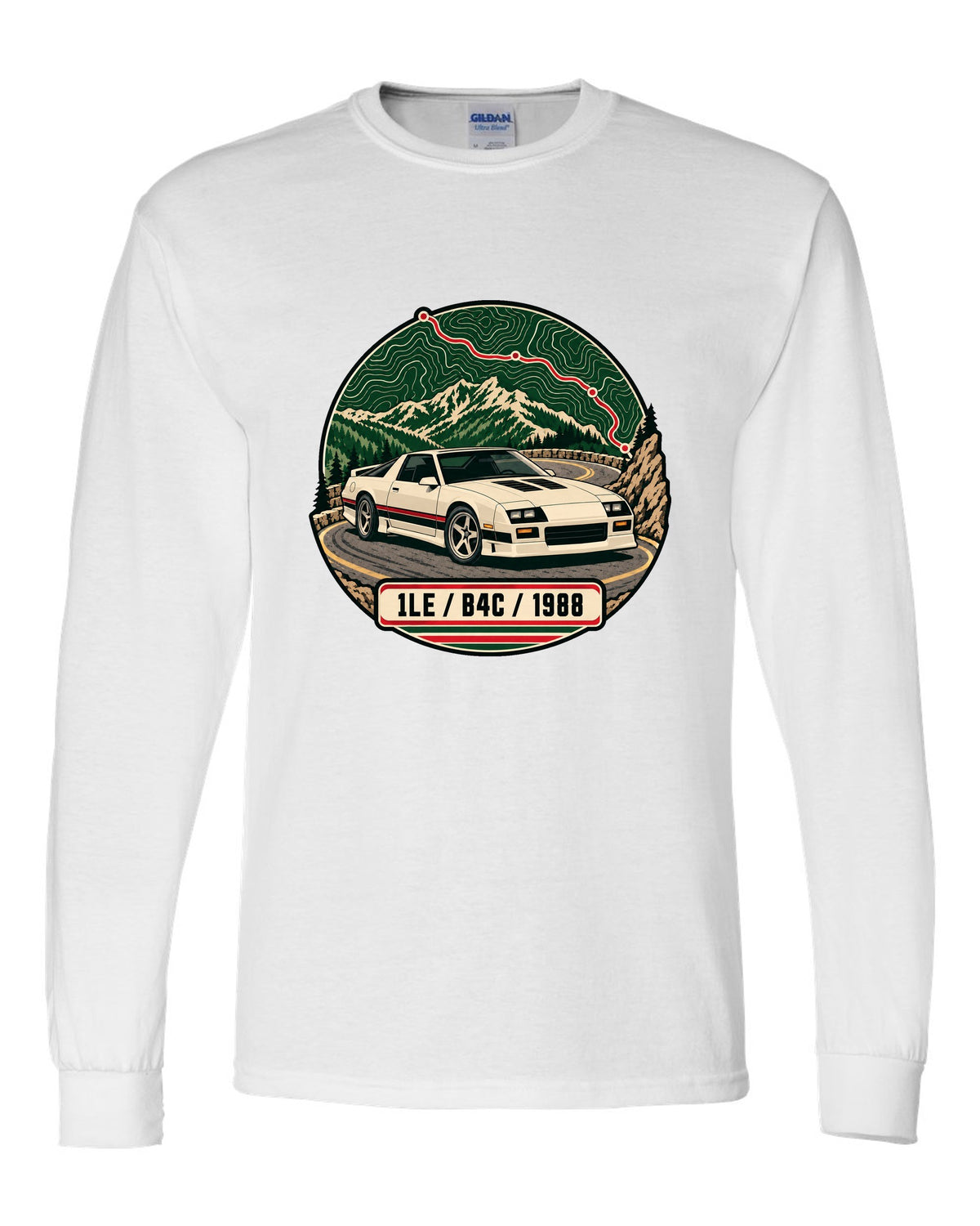 1988 Chevrolet Camaro 1LE topographic route map print with 1LE B4C 1988 text white long sleeve front view with the design