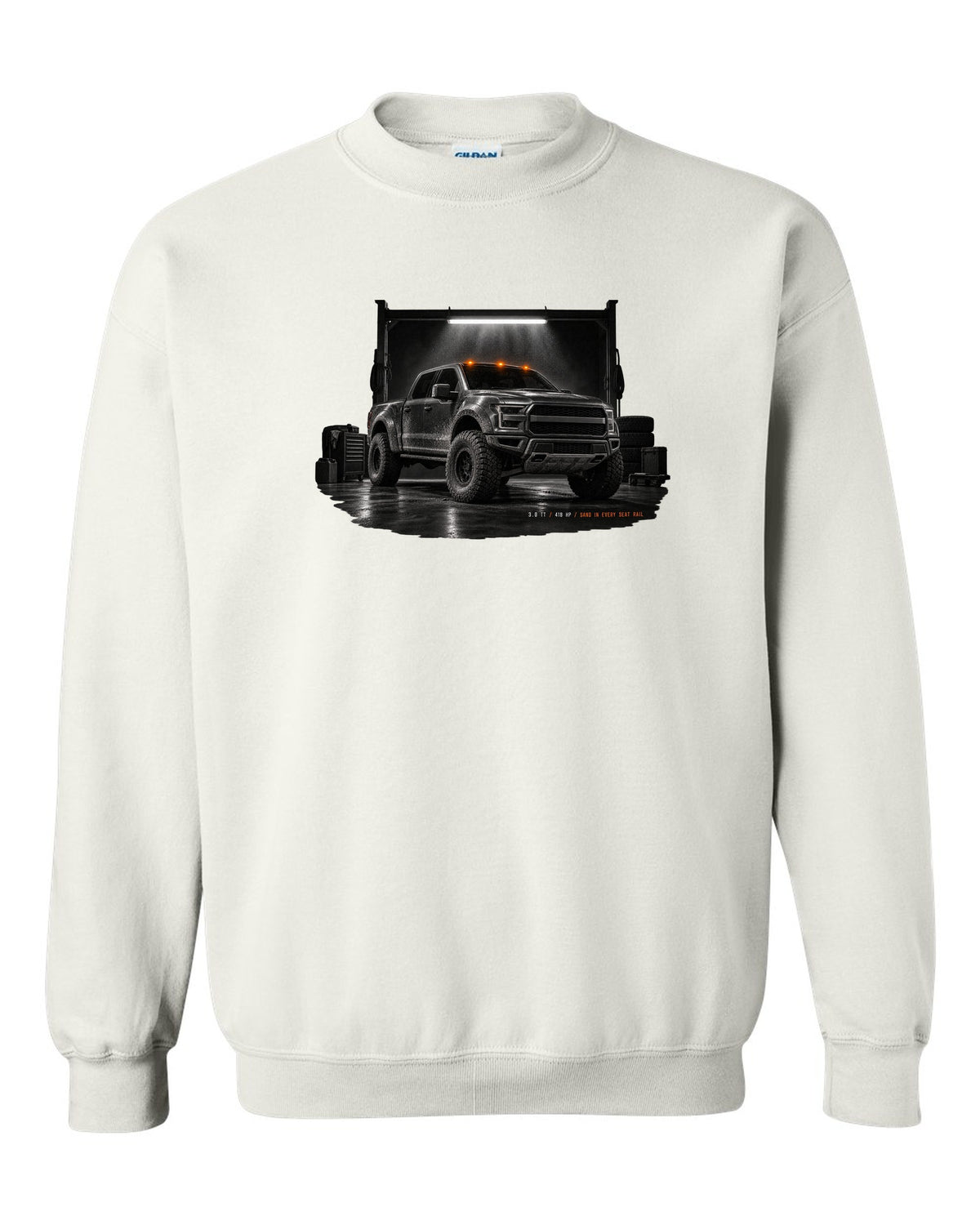 Ford Bronco Raptor 2022 U725 garage night print with 3.0 TT and 418 HP text white crewneck front view with the design