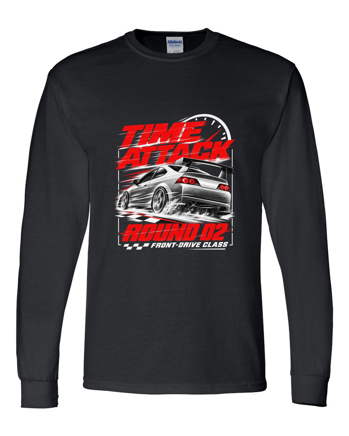 Honda Integra DC5 Type R race poster design for time attack round 02 front-drive class black long sleeve front view with the design