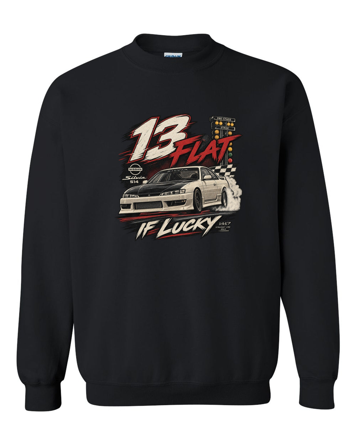 Vintage race poster print of a Nissan Silvia S14 with 13 flat if lucky text black crewneck front view with the design