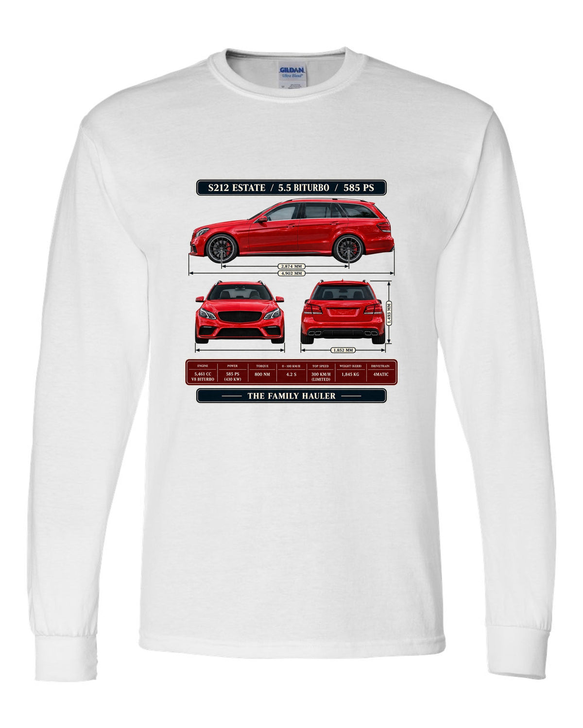Three-view and spec table print of a signal red Mercedes-AMG E63 S S212 estate white long sleeve front view with the design
