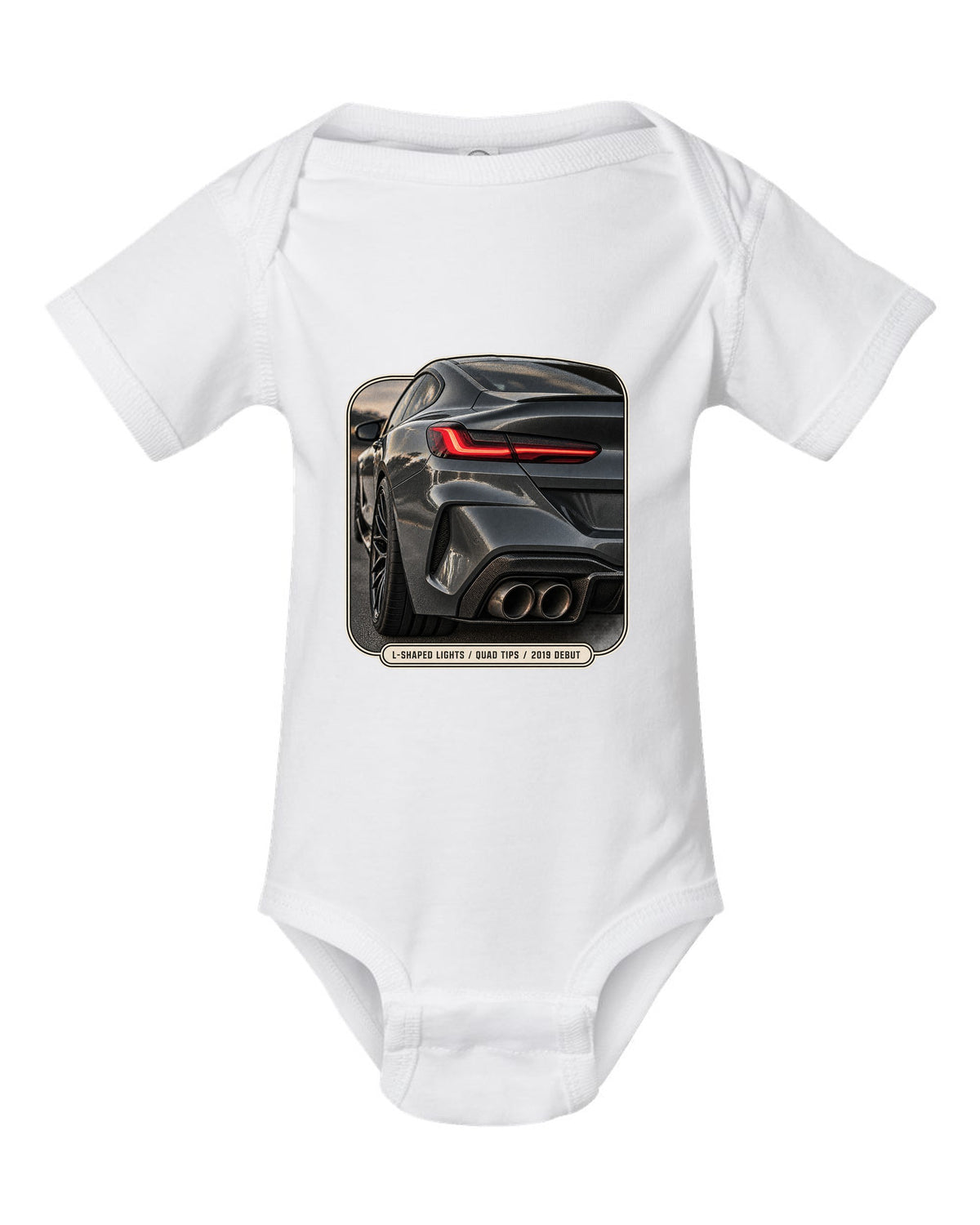 BMW M8 Competition F92 taillight detail macro print on a tee white baby onesie front view with the design
