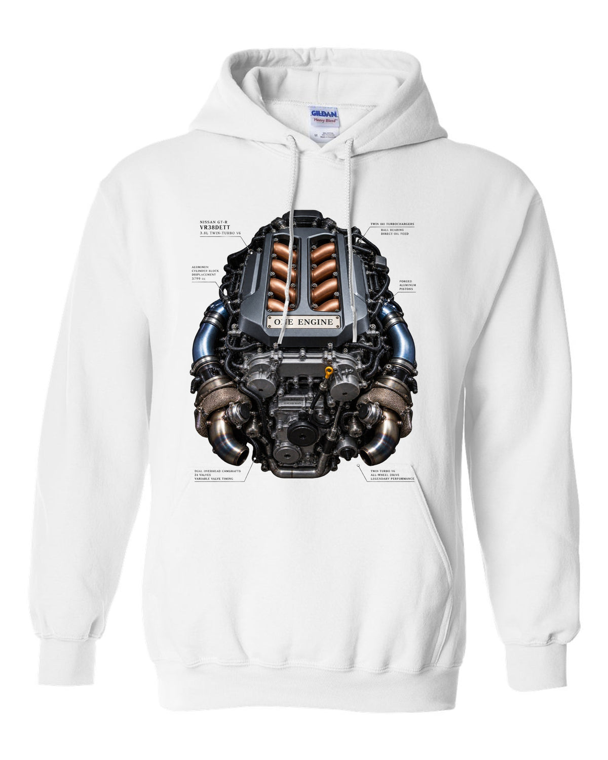 Nissan GT-R VR38DETT twin-turbo V6 engine bay illustration, print design white pull over hoodie front view with the design