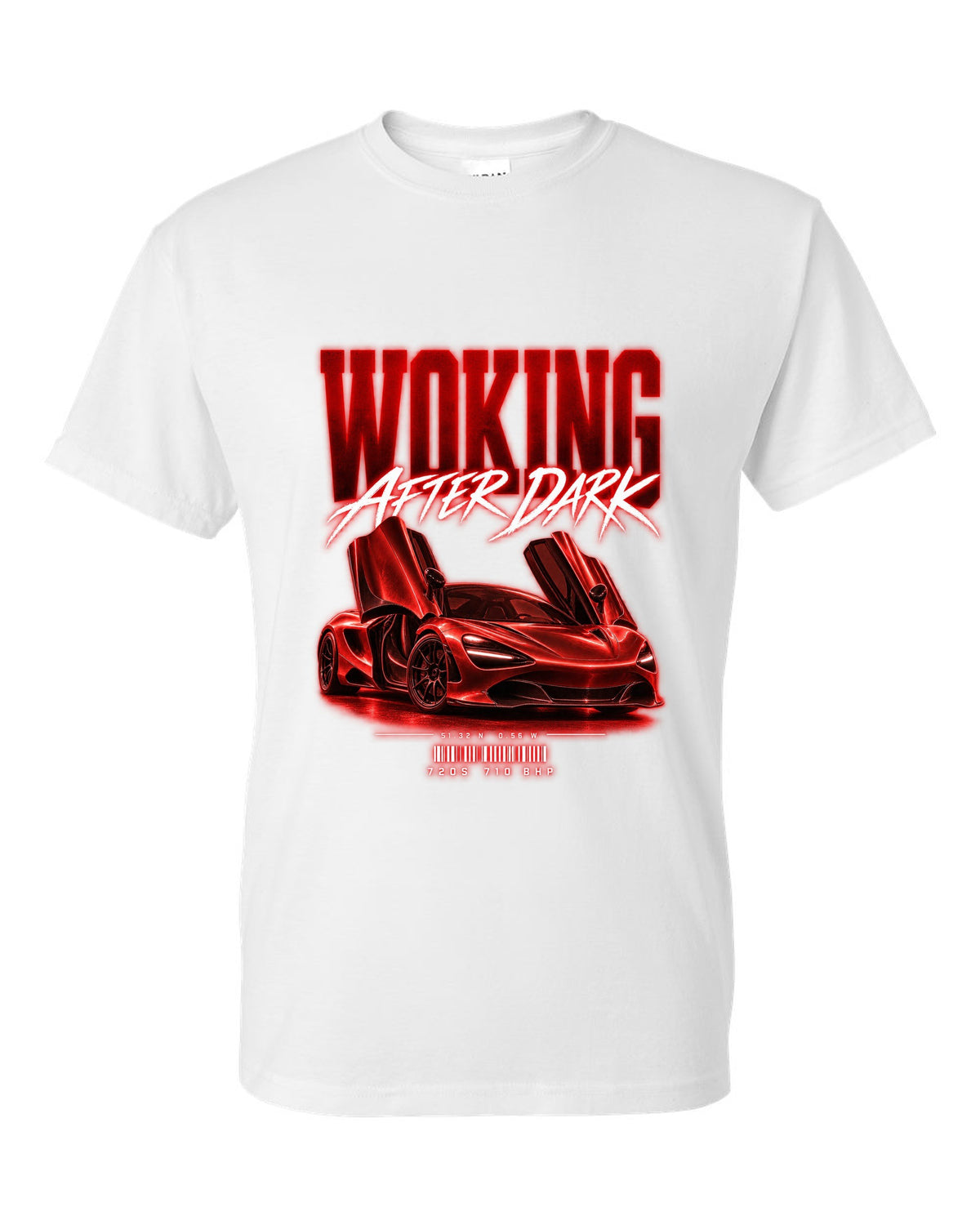 Street poster print of a 2017 McLaren 720S at night with Woking after dark text white t-shirt front view with the design