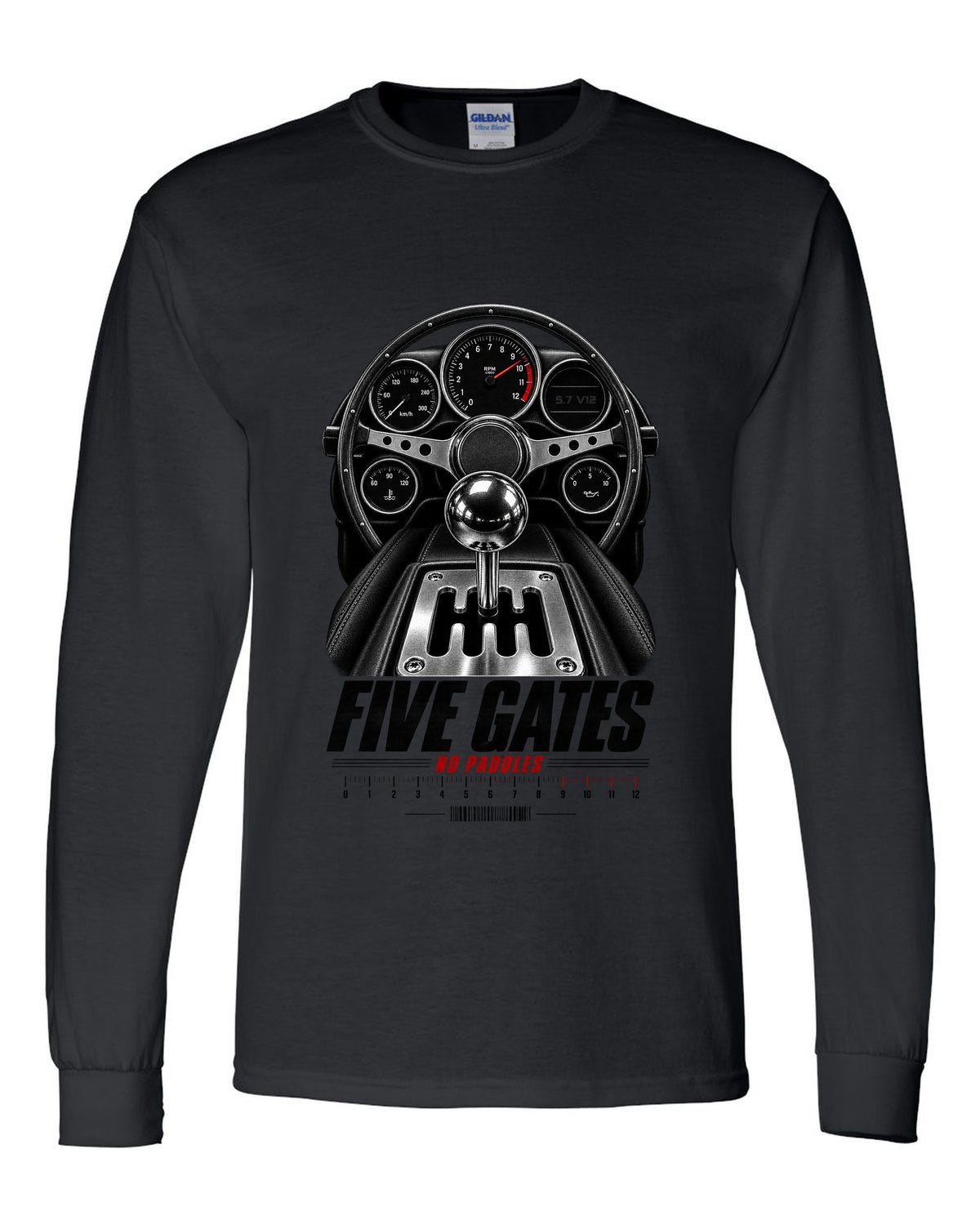 print of a Lamborghini Diablo cockpit with gated five-speed shifter and 5.7 V12 text black long sleeve front view with the design