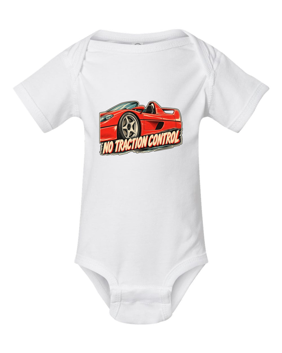 Retro Japanese showa advert style print of a 1995 Ferrari F50 F130 with no traction control text white baby onesie front view with the design