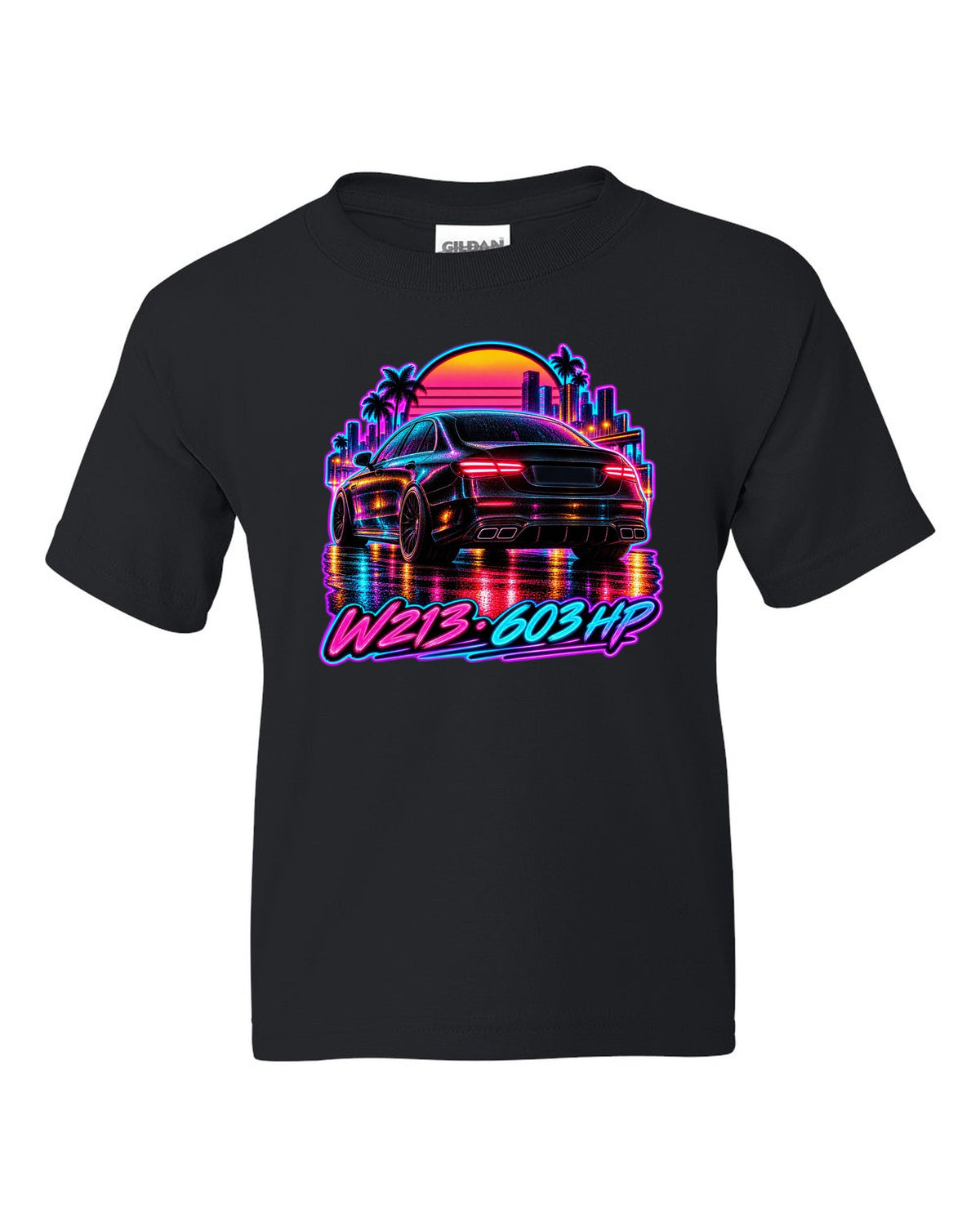 Synthwave wet road scene with a Mercedes E63 AMG W213 and 603 HP text black kids tee front view with the design