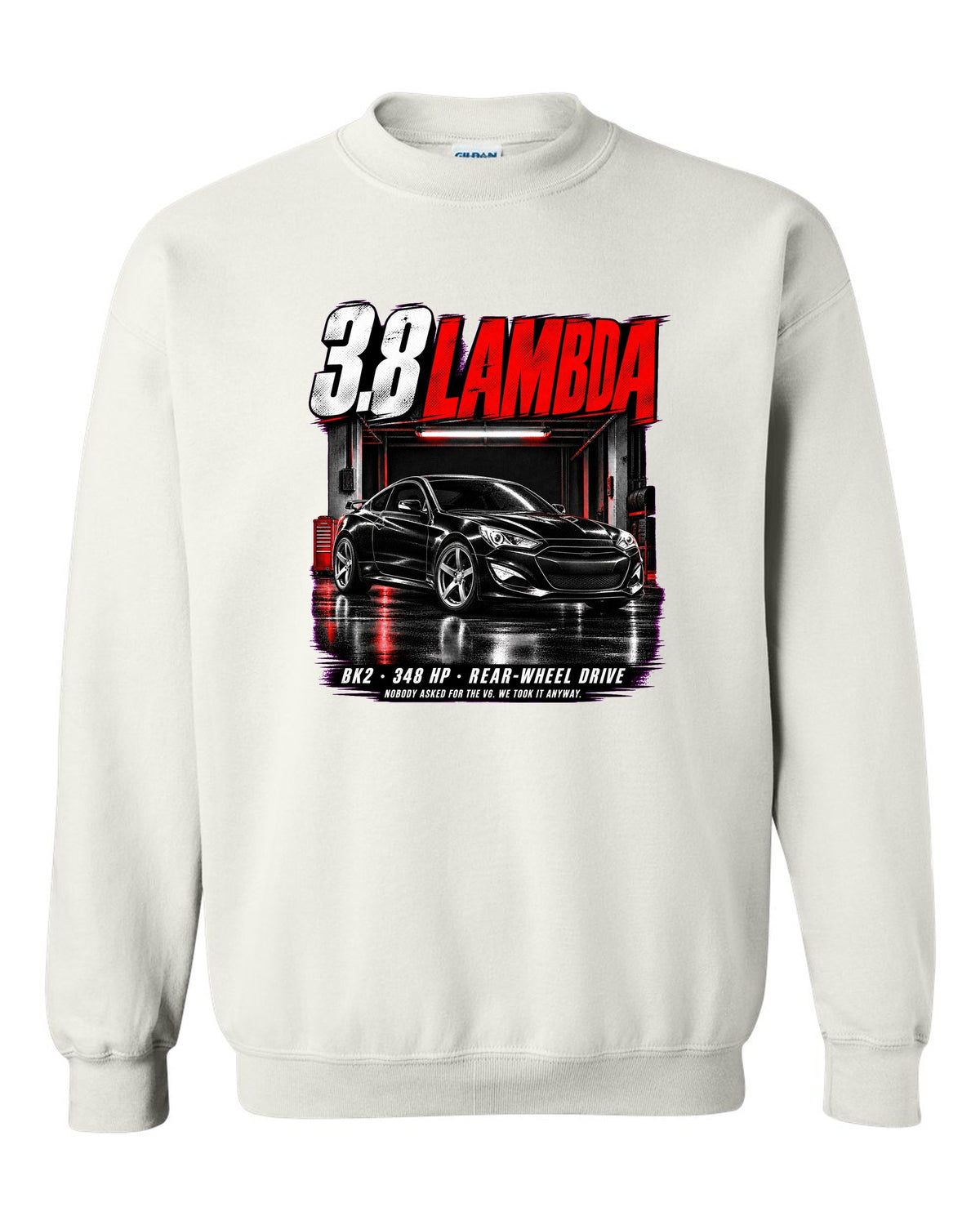 Hyundai Genesis Coupe BK2 3.8 Track in a garage at night with spec text white crewneck front view with the design