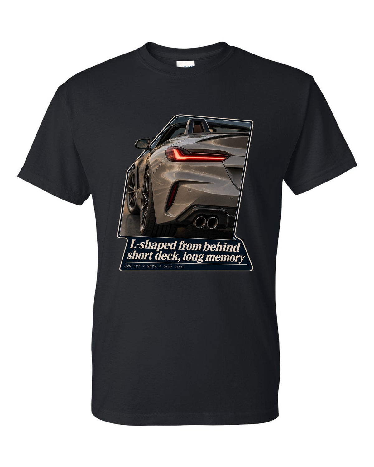 Macro print of the L-shaped taillight on a 2023 BMW Z4 G29 LCI black t-shirt front view with the design
