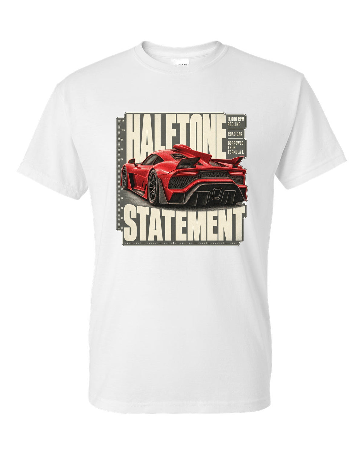 Mercedes-AMG One halftone design of the shark-fin airscoop white t-shirt front view with the design