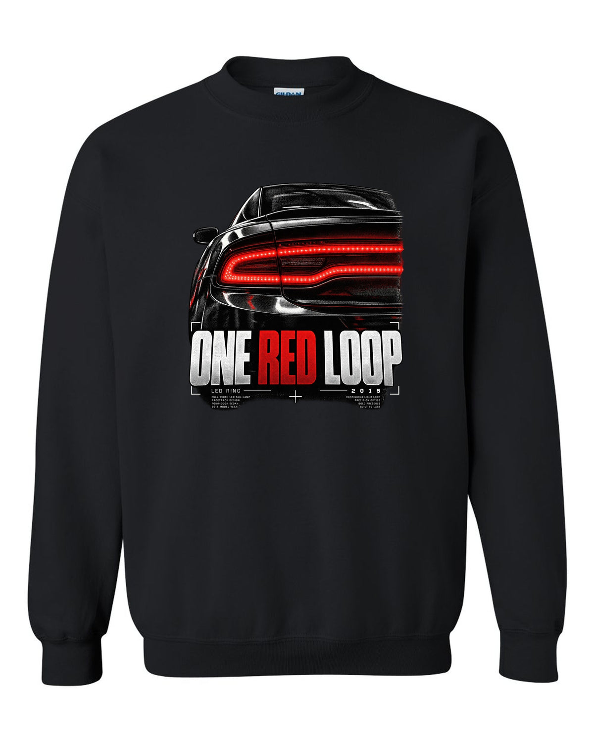 Macro print of a 2015 Dodge Charger LX/LD red LED ring taillight black crewneck front view with the design