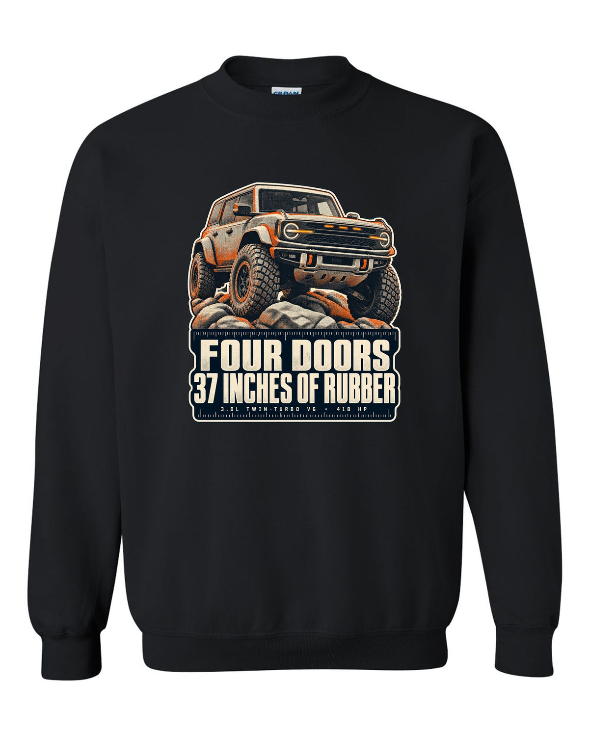 Ford Bronco Raptor halftone print with four doors 37 inches text black crewneck front view with the design