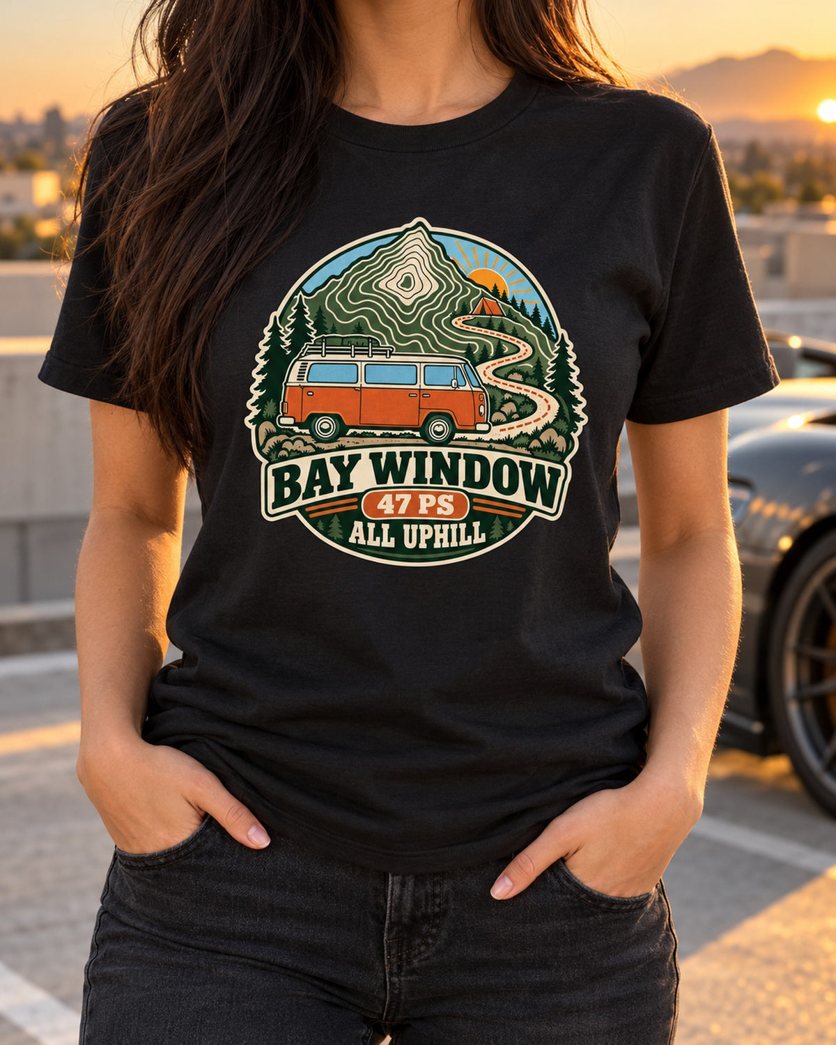 VW Bay Window Bus T2 Topographic Route Map Shirt, 47 PS T-Shirt Black worn hero