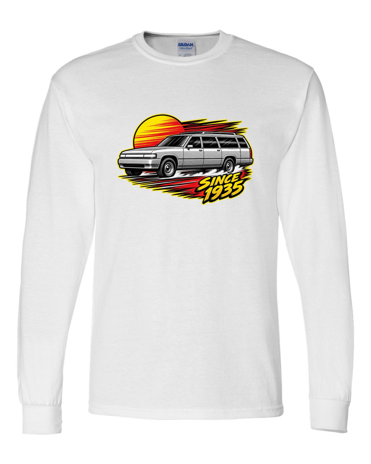 Retro manga halftone panel print of a 1992-1999 Chevrolet Suburban GMT400 with Since 1935 text white long sleeve front view with the design