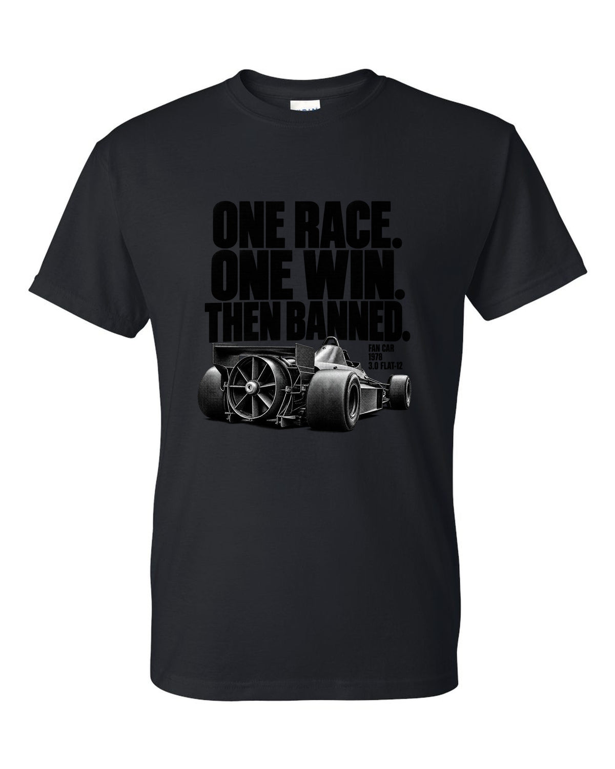 Brabham BT46B fan car halftone print with one race one win text black t-shirt front view with the design