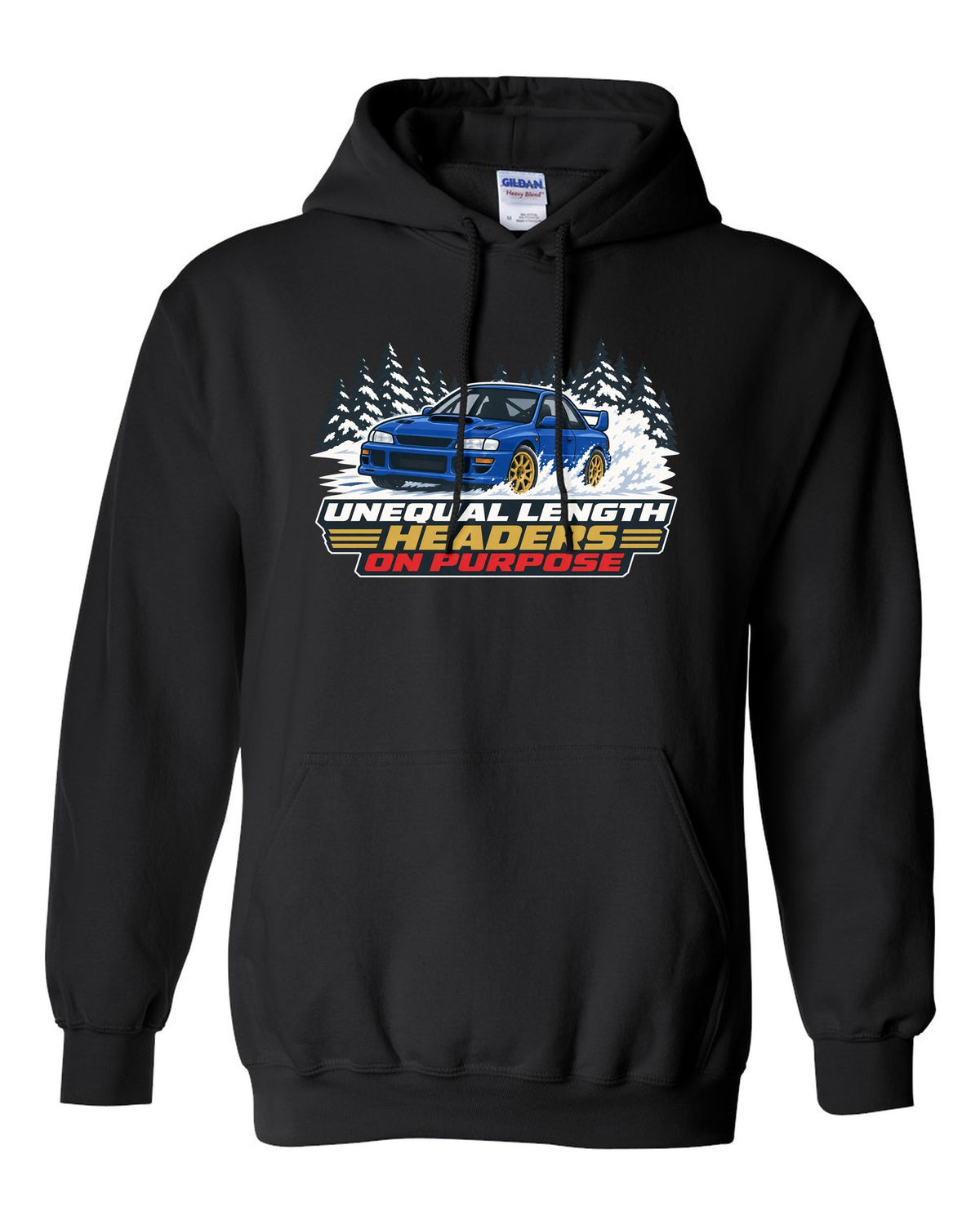 Flat vector print of a Subaru Impreza WRX STI GC8 with unequal length headers on purpose lettering black pull over hoodie front view with the design