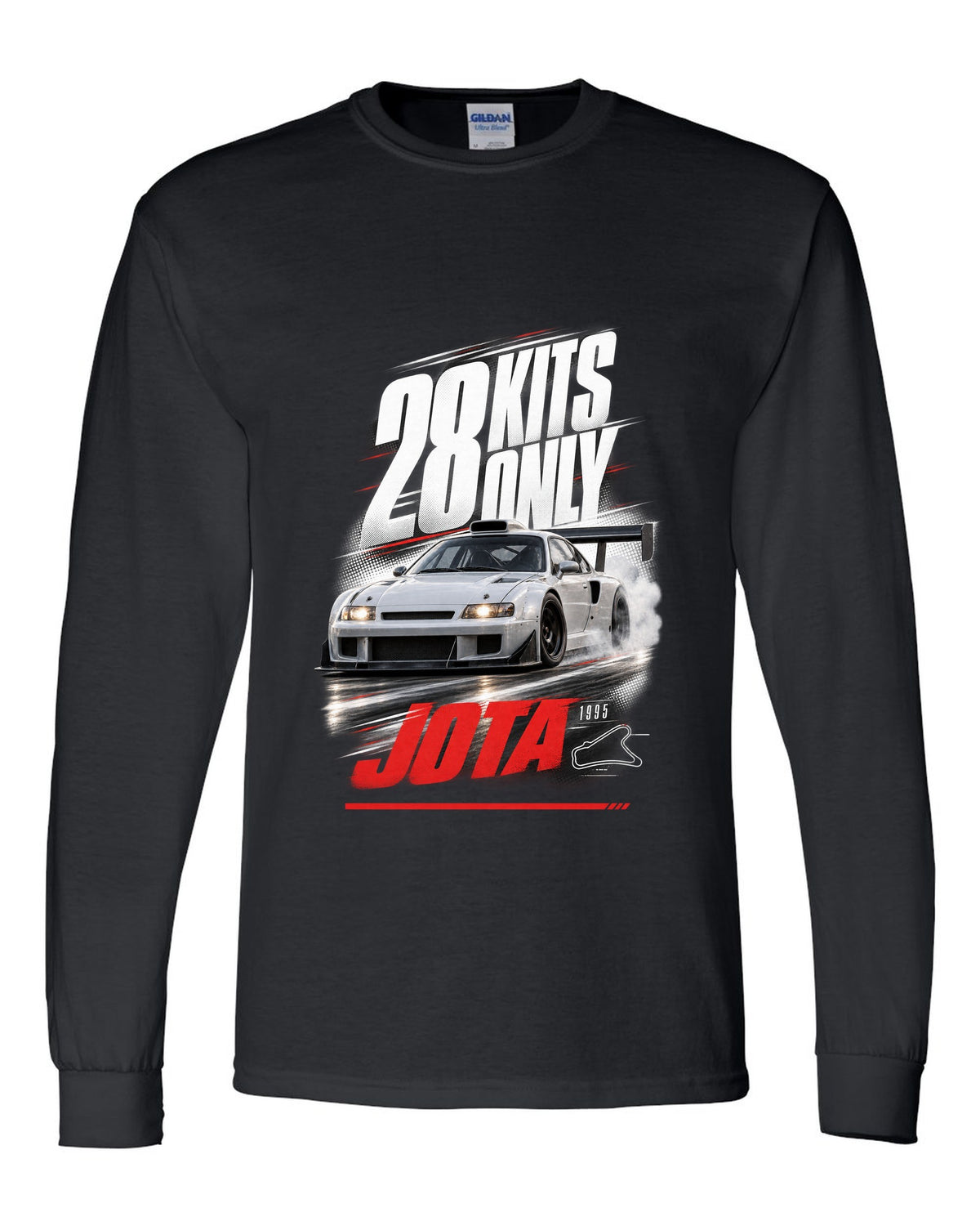 Race poster print of a Lamborghini Diablo SE30 Jota with 28 kits only text black long sleeve front view with the design