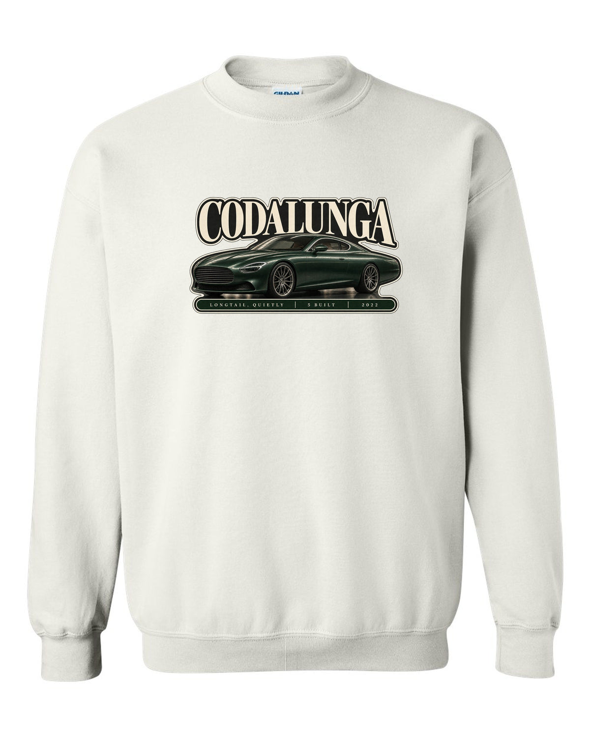 Editorial headline print of the Pagani Huayra Codalunga with the text Codalunga, longtail, quietly, 5 built, 2022 white crewneck front view with the design
