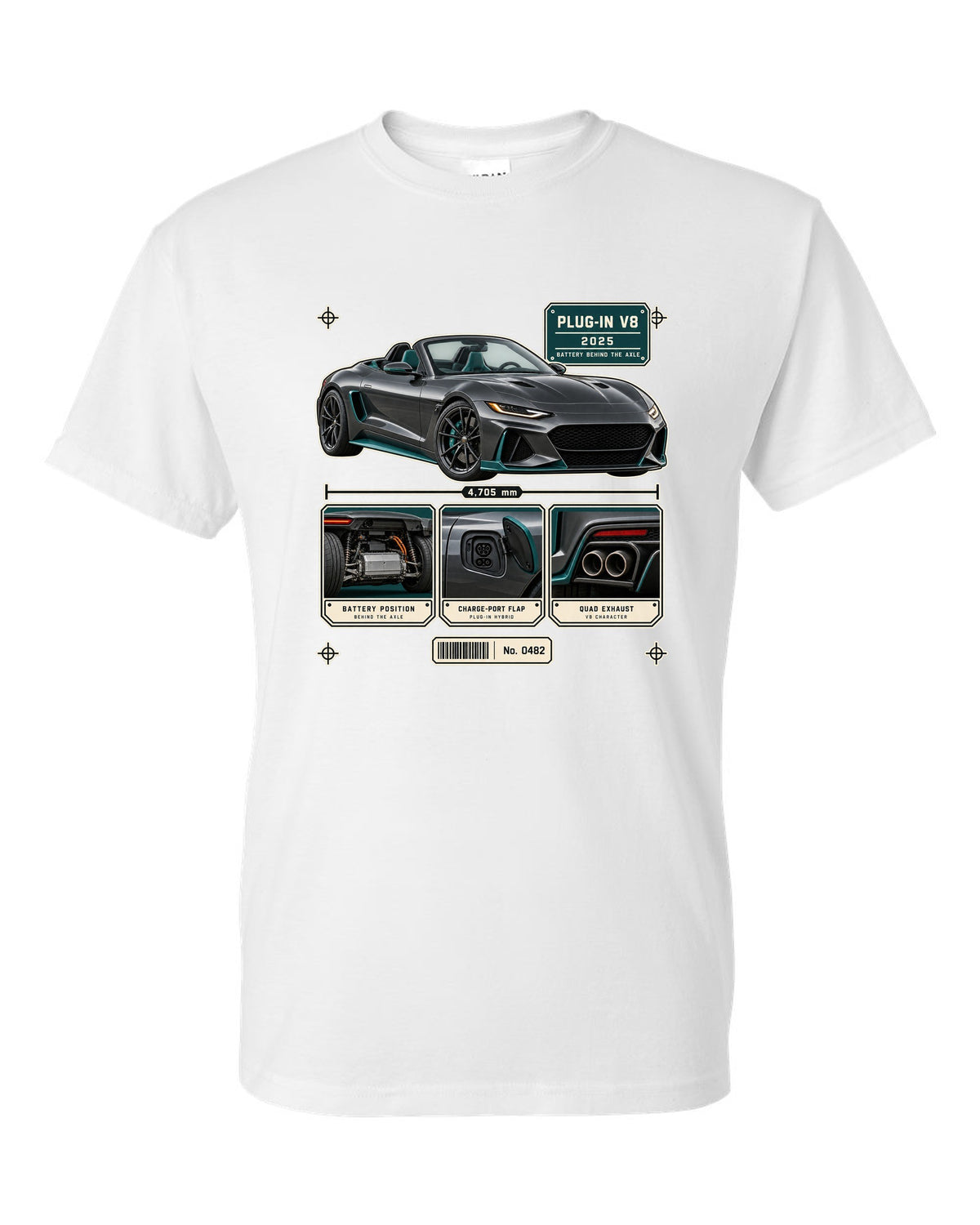 Mercedes-AMG SL63 S E Performance R232 dossier panel print in graphite and teal white t-shirt front view with the design