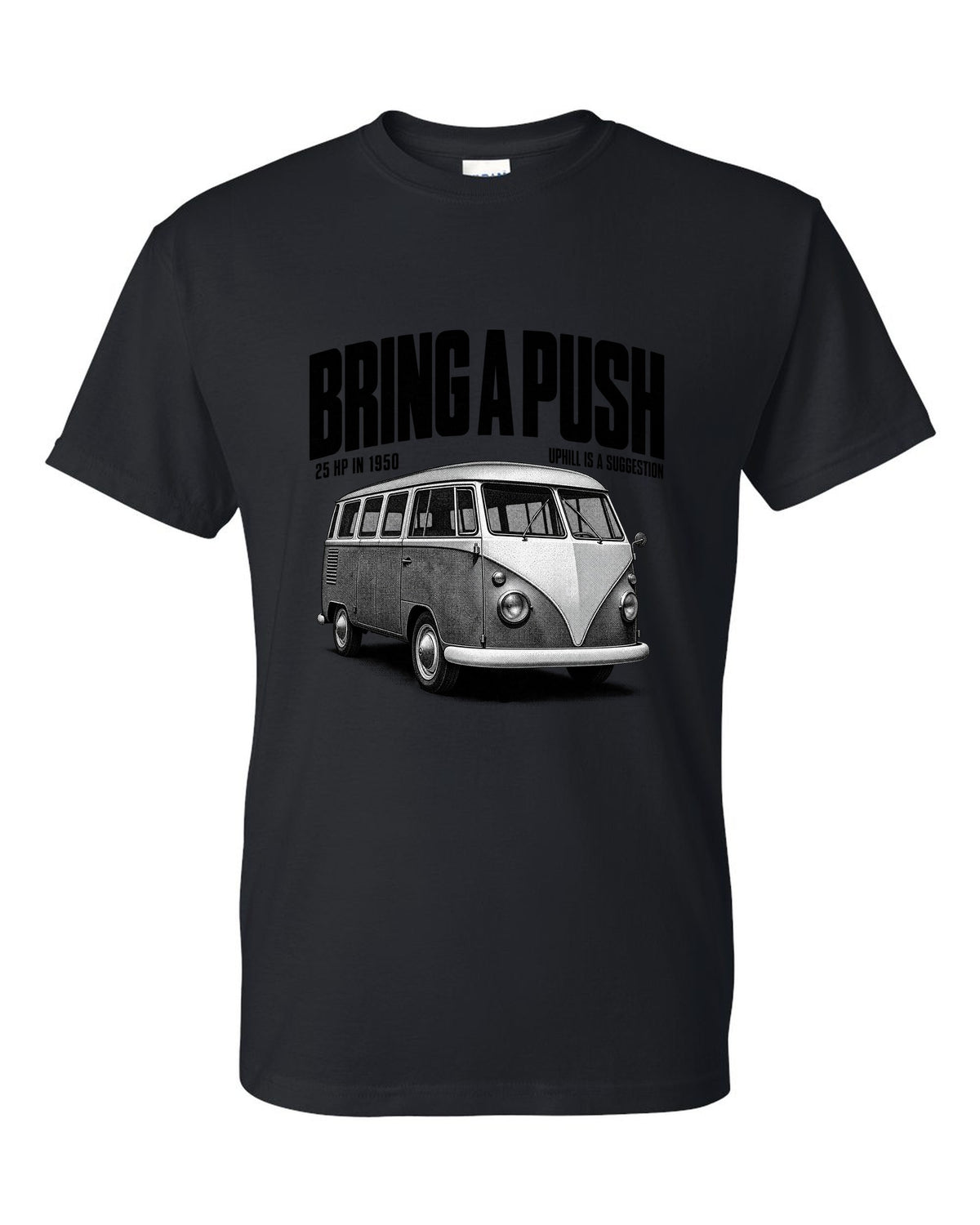 Halftone print of a VW T1 split-window microbus with bring a push text black t-shirt front view with the design
