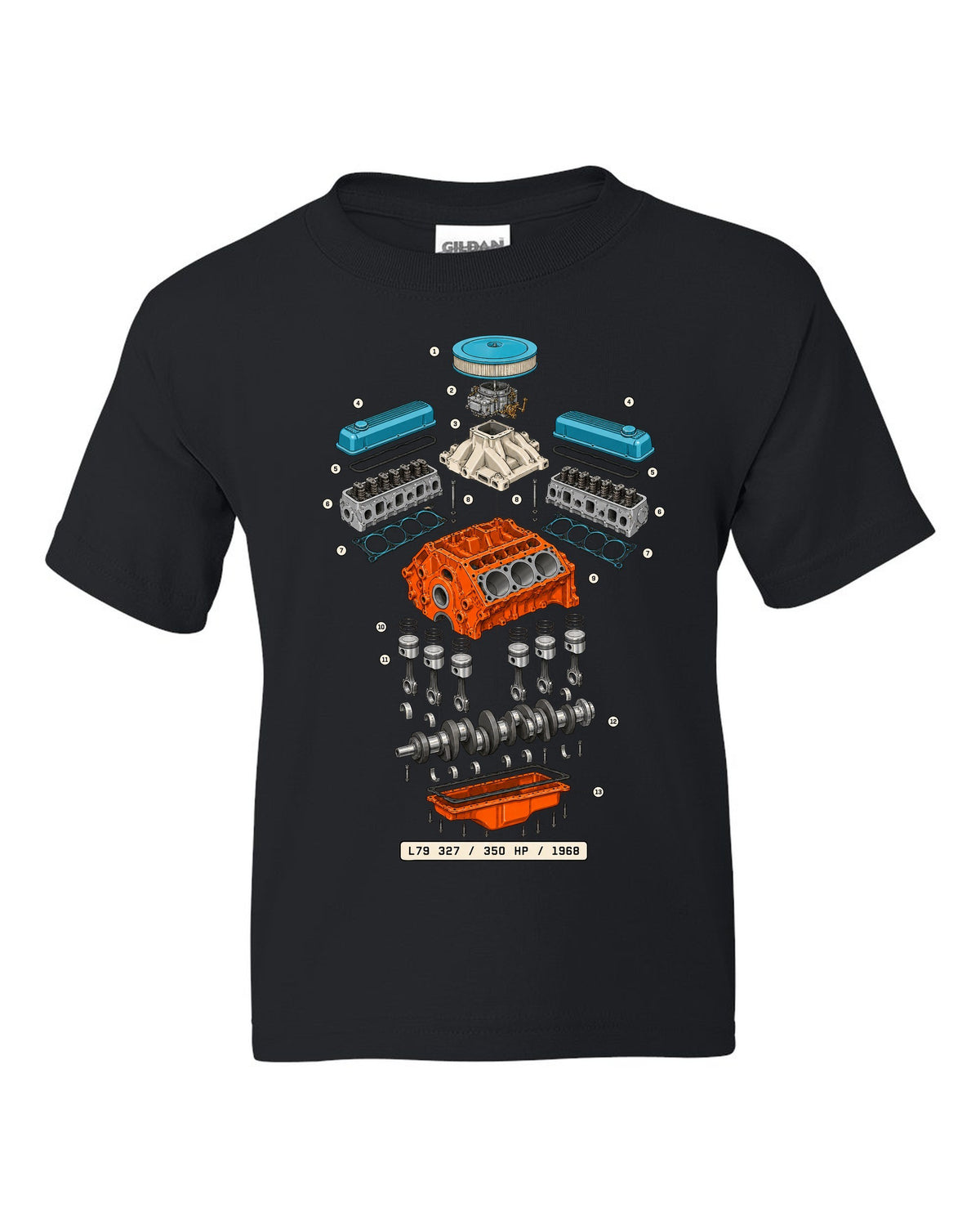 Exploded cutaway print of a 1968 Chevrolet Nova L79 327 engine with the text 350 HP, 1968 black kids tee front view with the design