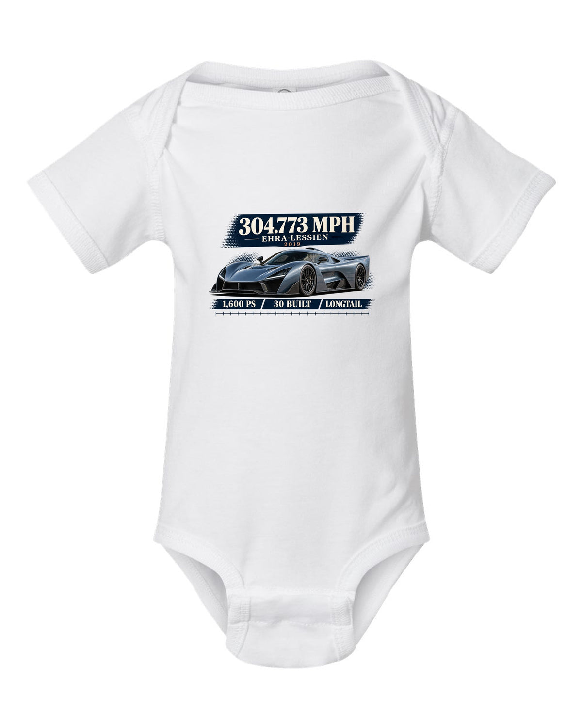 Bugatti Chiron Super Sport 300+ archive panel print with 304.773 mph record white baby onesie front view with the design