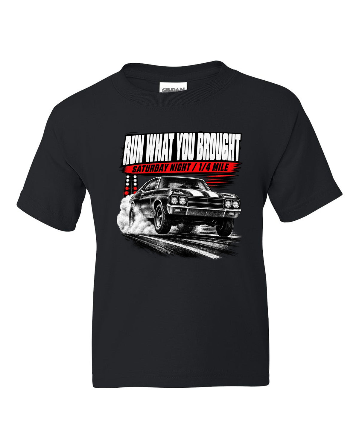 Race-poster print of a 1970 Chevrolet Chevelle SS with run w you brought and quarter mile text black kids tee front view with the design