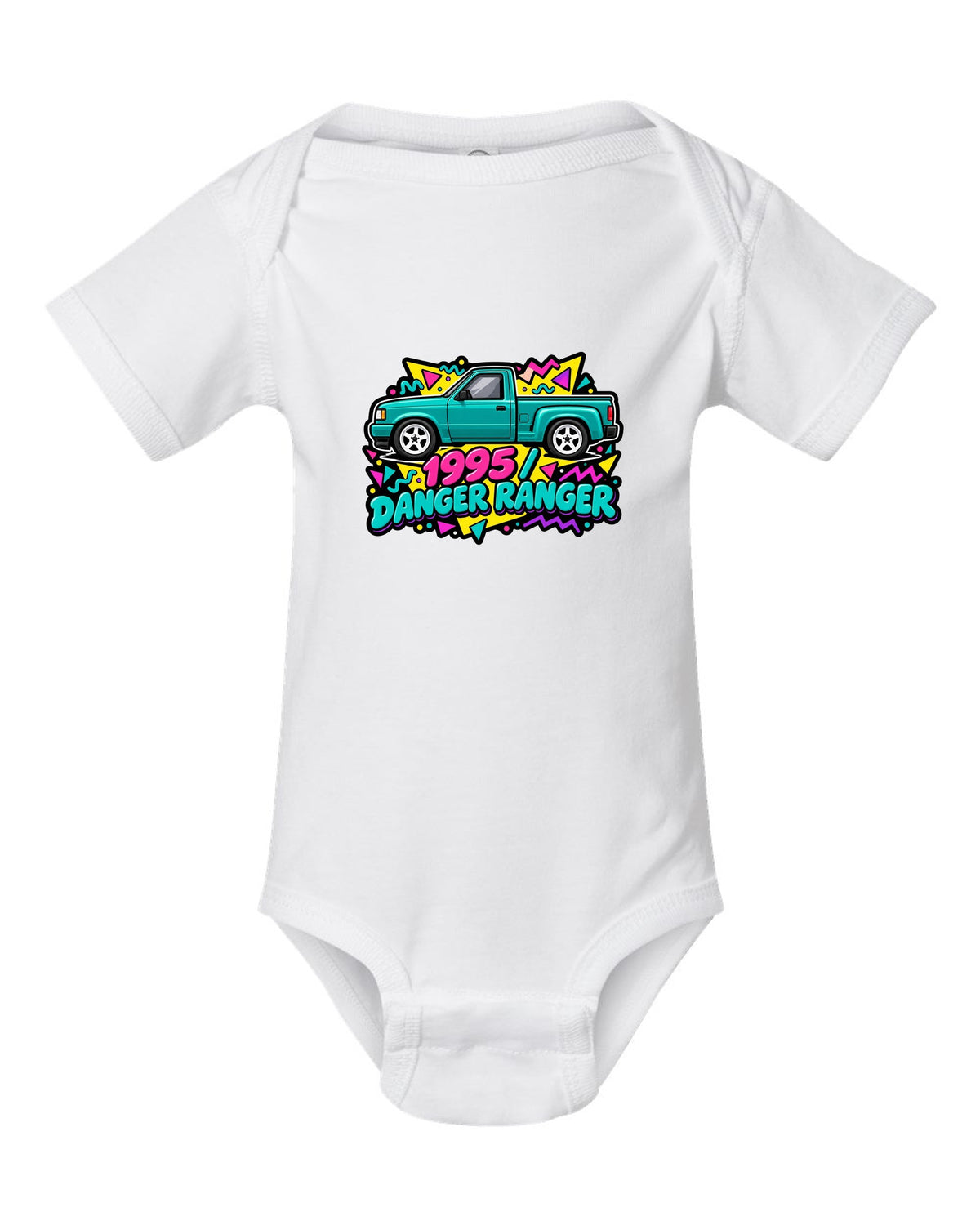 Ford Ranger 1995 stepside in a 90s Memphis sticker pack print white baby onesie front view with the design