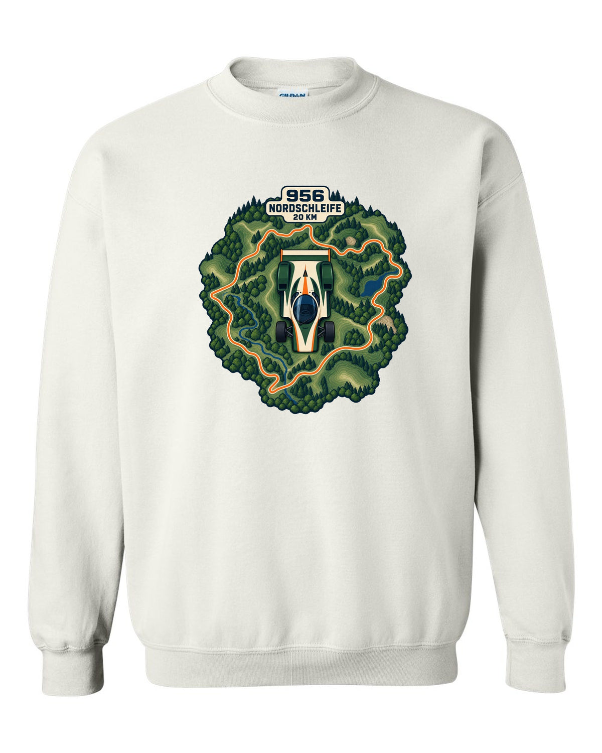 Topographic route map of the Nordschleife with Porsche 956 lettering white crewneck front view with the design