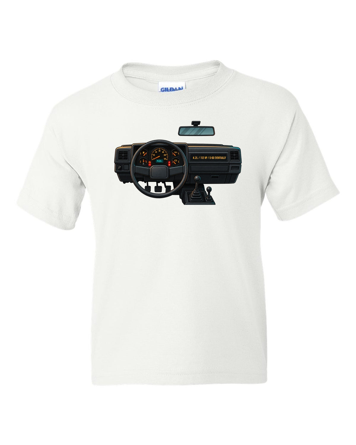 Gauge-cluster HUD print of a Jeep Wrangler YJ with 4.2L and 112 HP text white kids tee front view with the design