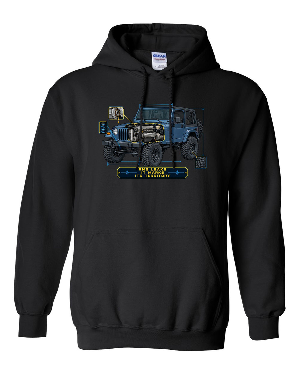 Blueprint style engine cutaway of a Jeep Wrangler TJ with RMS LEAKS IT MARKS ITS TERRITORY lettering black pull over hoodie front view with the design