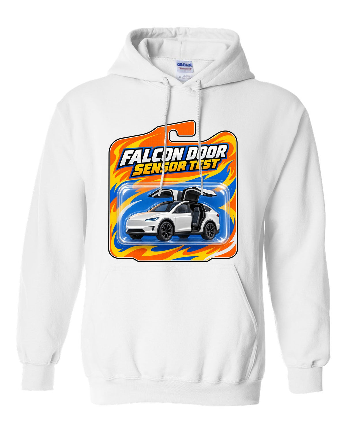 Toy blister card style print of a Tesla Model X reading Falcon Door Sensor Test white pull over hoodie front view with the design