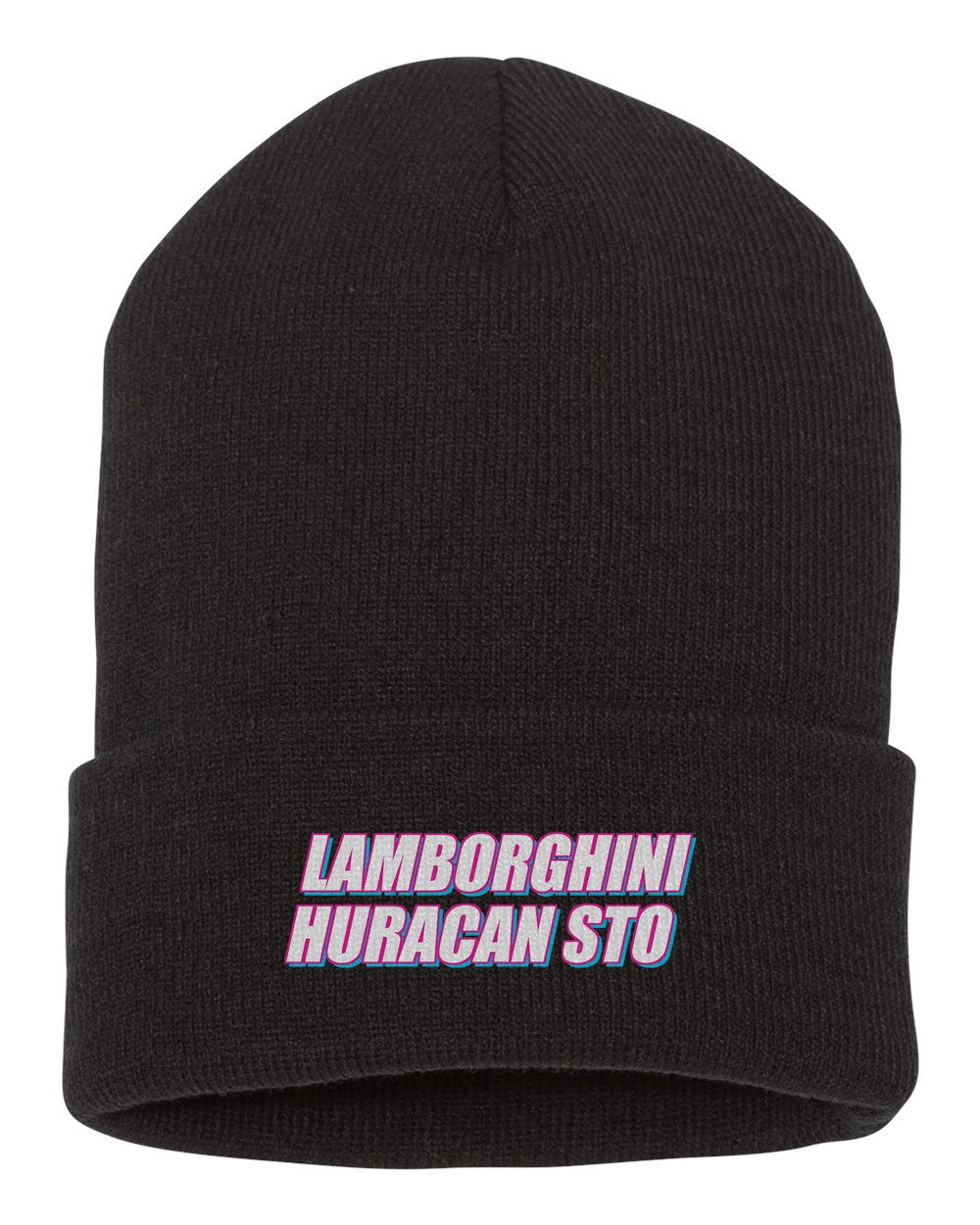 Lamborghini Huracan Sto black beanie front view with car name