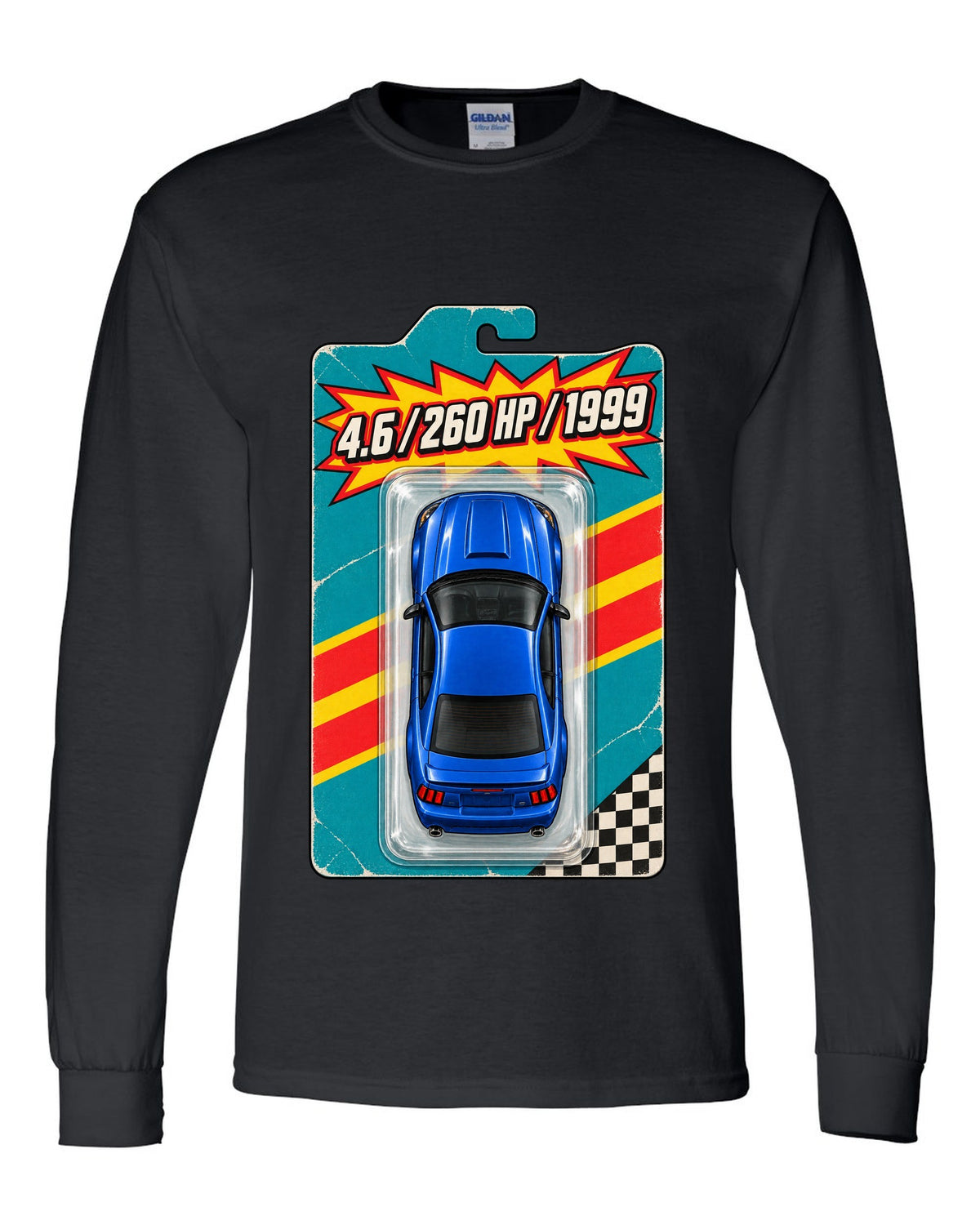 Toy blister card layout of a 1999-2004 New Edge Ford Mustang coupe with 4.6 260 HP text black long sleeve front view with the design