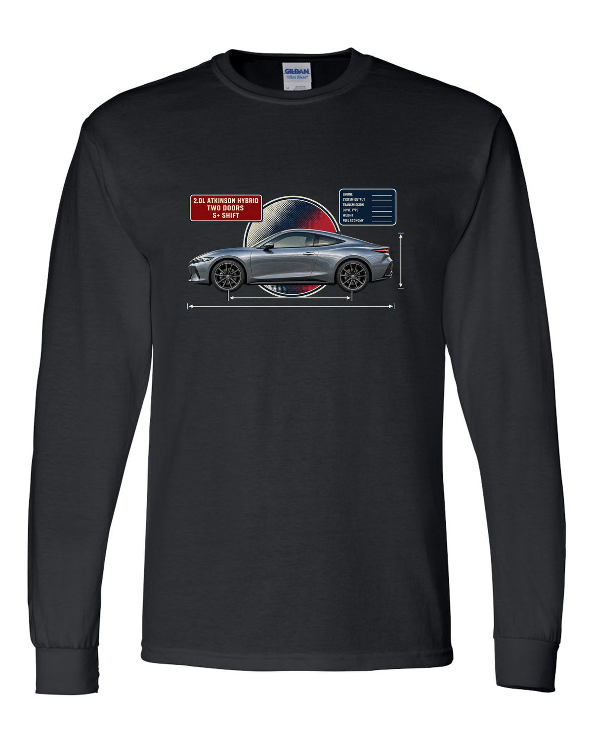 Honda Prelude 2026 sixth-gen dimension blueprint print black long sleeve front view with the design